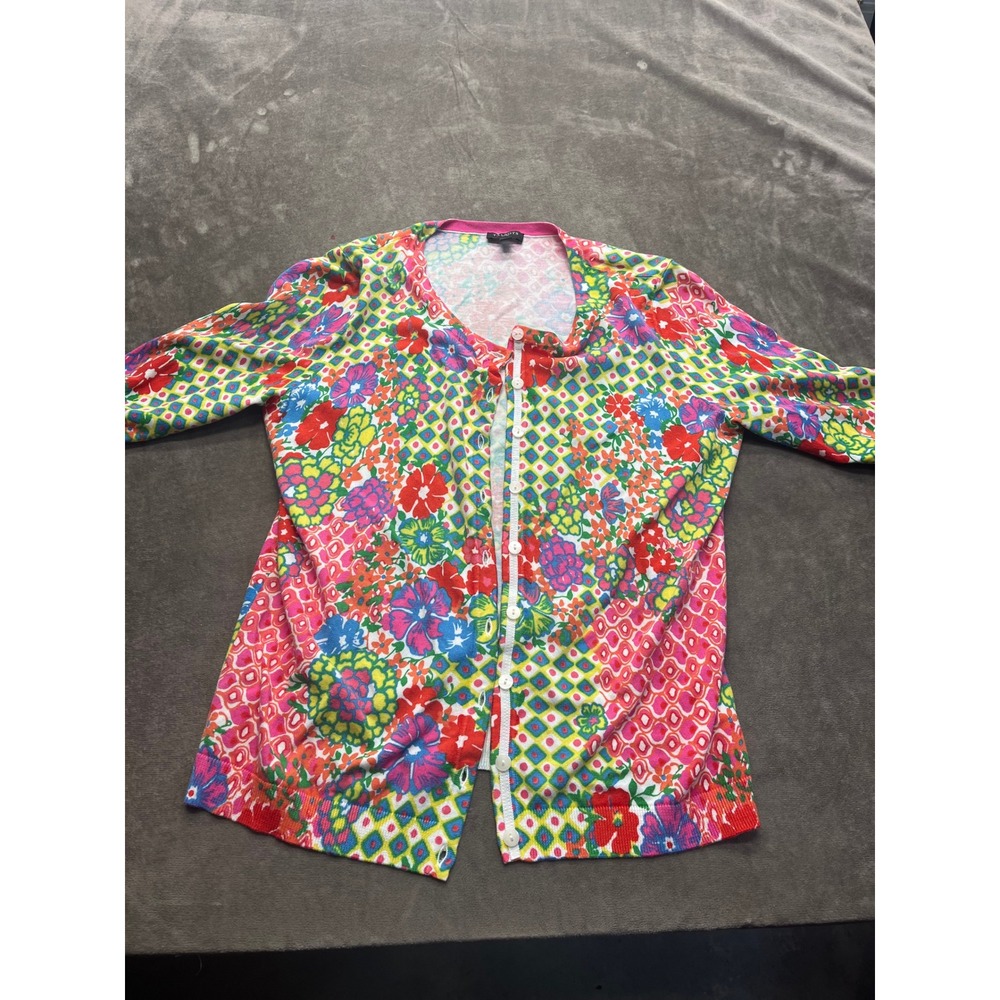 Talbots Petites Floral Geometric Cardigan Sweater Pink Blue Multi MP 3/4 Sleeve
